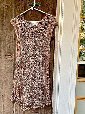 PRETTY ANGEL Top Boho Linen Tunic Coverup Dress  Cream Brown Gray Size Medium